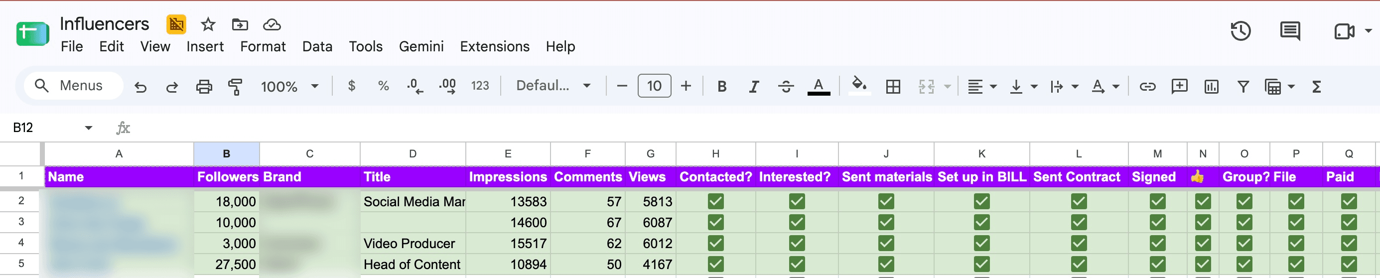 Influencer tracking spreadsheet