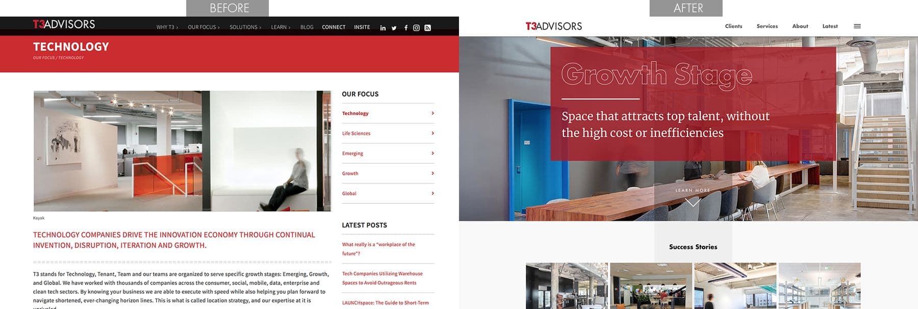 T3 Advisors growth stage page redesign, before and after