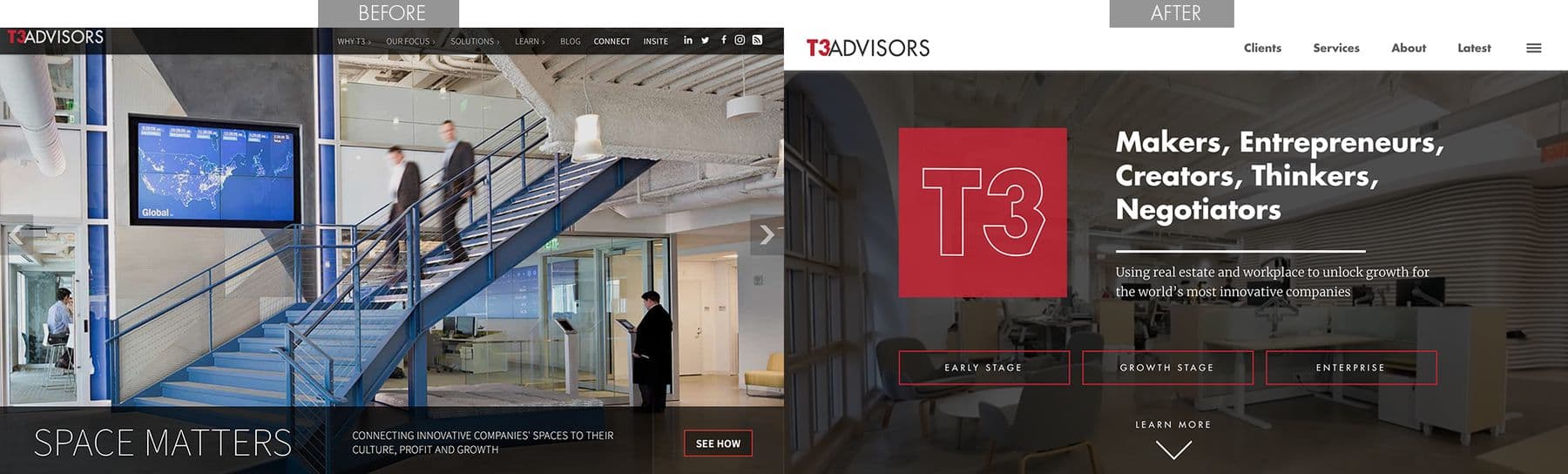 T3 Advisors website redesign, before and after